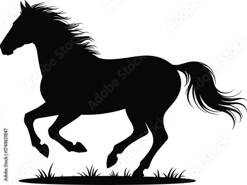 Black horse galloping across a grassy field silhouette