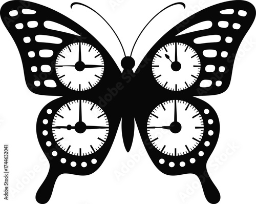 Butterfly silhouette merging with clock hands symbolizing time passing