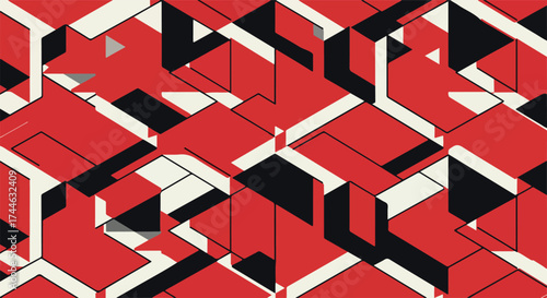 Geometric Red and Black Shapes Abstract Composition with Lines and Shadows.