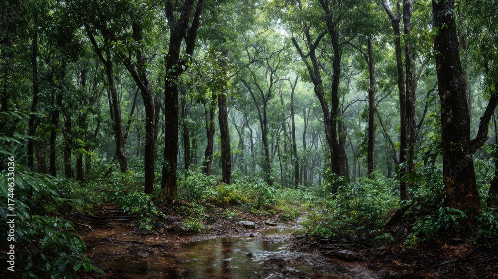 Naklejka premium Mahogany forest Greenery After the Rain