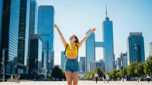 joyous young woman with arms raised smiling and wearing yellow crop top and denim shorts stands in bustling modern city square under clear sky Tall glass buildings surround her