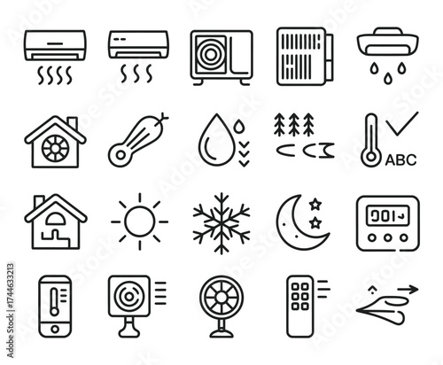 Set of 20 black and white line art icons for hvac and climate control systems vector