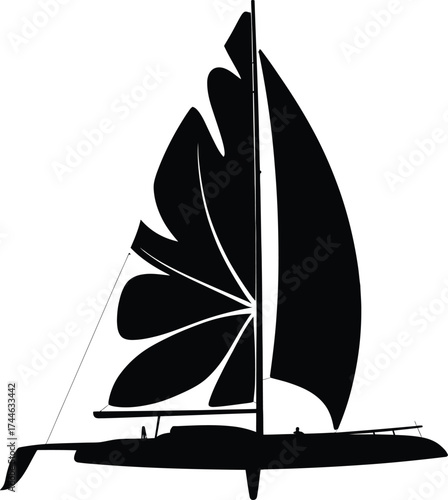 Modern sailing boat silhouette design on water at sunset