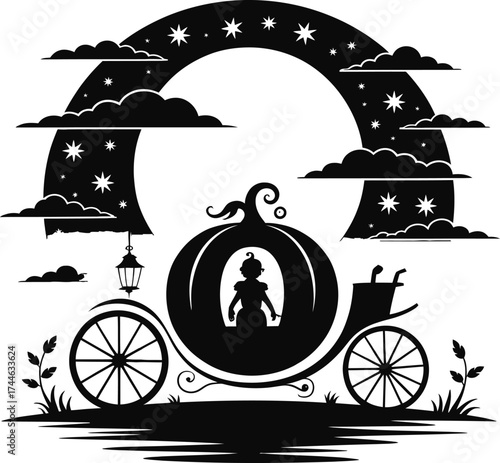 Magical princess in a pumpkin carriage silhouette design