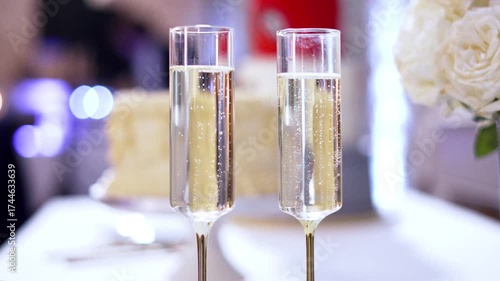 slow motion of two glasses of champagne on a table at a wedding reception with a cake behind them