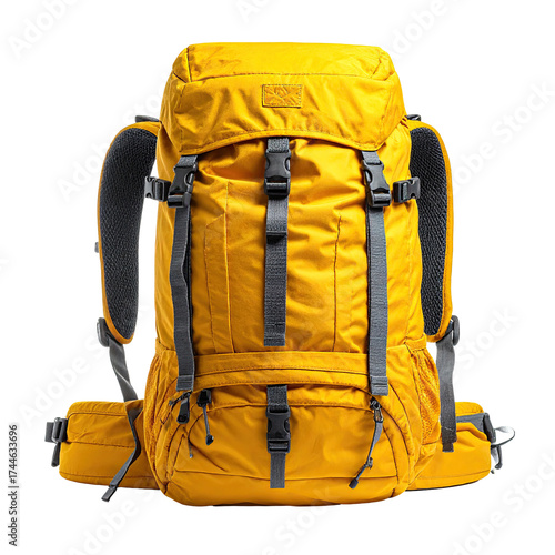 A vibrant yellow hiking backpack, front view, with straps, buckles, and padding