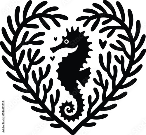 Seahorse silhouette nestled within a heart of leaves
