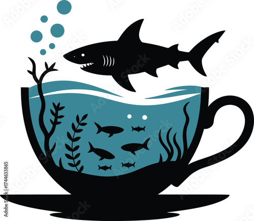Surreal shark silhouette swimming in a delicate teacup silhouette