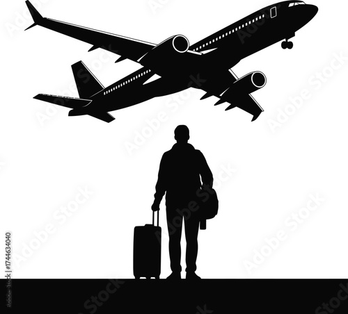 Lone traveler watches airplane take off into the sky silhouette