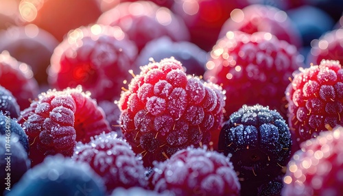 Macro Shot of Frosted Raspberries and Blueberries Covered in Ice Crystals Displaying Rich Red and Blue Tones with Bokeh Background and Soft Lighting