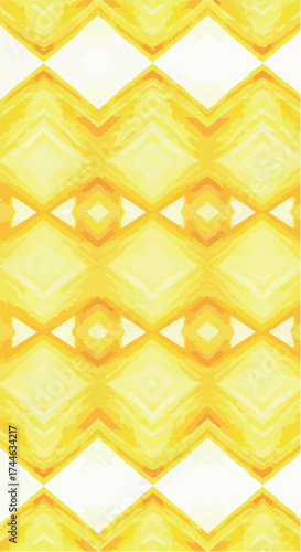 Geometric yellow pattern with repeating shapes and vibrant colors.