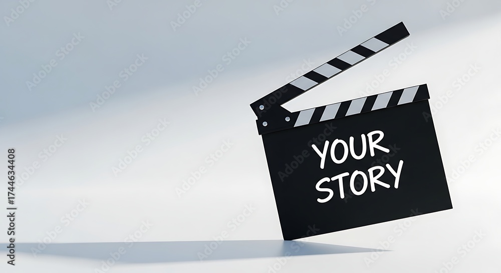 Naklejka premium Your Story Concept with Movie Clapperboard on Gray Background.