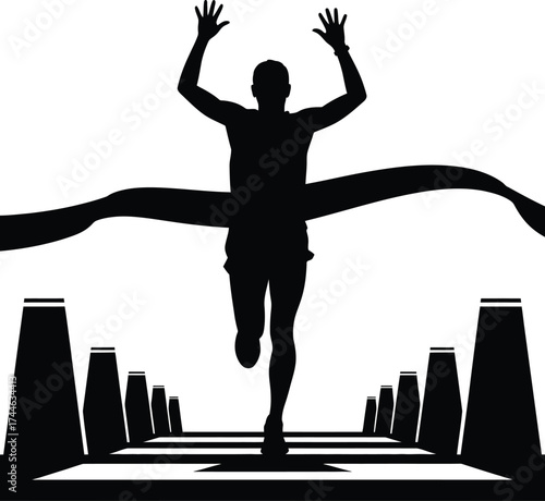 Victorious runner crossing the finish line silhouette