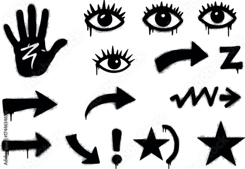 Graffiti art collection featuring various symbols and designs in black and white.