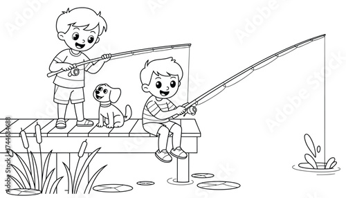Charming vector illustration of two boys and a dog fishing on a wooden dock scalable eps vector