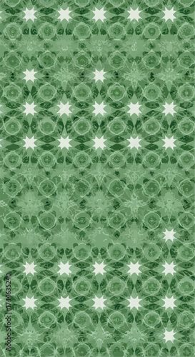 Green geometric pattern with repeating shapes and intricate details 1.