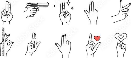 Hand gestures and symbols in a line art style.