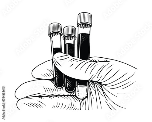 Gloved Hand Holding Three Blood Sample Vials: Detailed Medical Lab Work Illustration