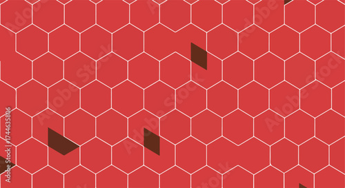 Hexagonal Pattern with Dark Shapes on Red Surface.