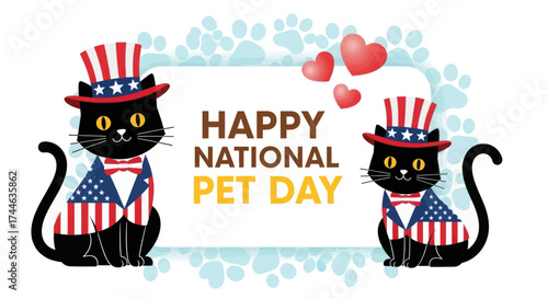 Cute black cats wearing uncle sam hats celebrate happy national pet day with american flags festive celebration