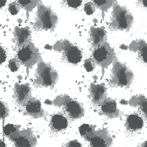 Ink blot pattern with dark gray spots on white background seamless.