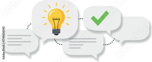 Idea generation and validation process with lightbulb and checkmark.
