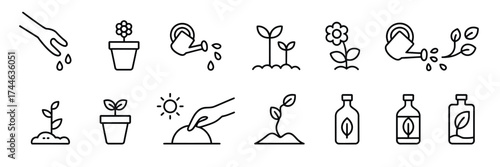 Minimalist line art icon set illustrating plant growth seed sowing watering fertilizing and cultivation vector