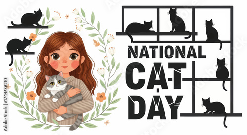 Adorable girl hugging cat celebrate national cat day surrounded by silhouettes of cats and foliage