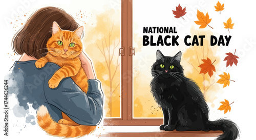 Adorable orange cat held by person near window and elegant black cat celebrating national black cat day autumn vibes
