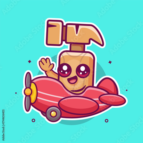 cheerful hammer character mascot flying an airplane isolated cartoon
