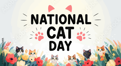Celebrate national cat day with adorable felines and colorful flowers a joyful festive graphic