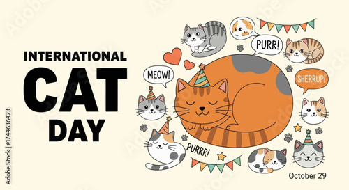 Celebrate international cat day with a whimsical world map covered in adorable feline friends and playful text promoting the joy of cats worldwide