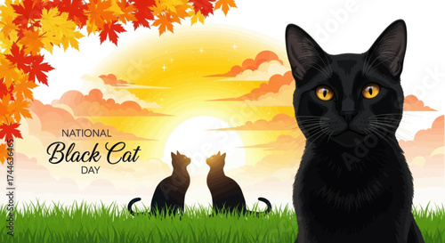 Mysterious black cat with golden eyes gazes forward in autumn sunset scene with two silhouettes of cats on grass