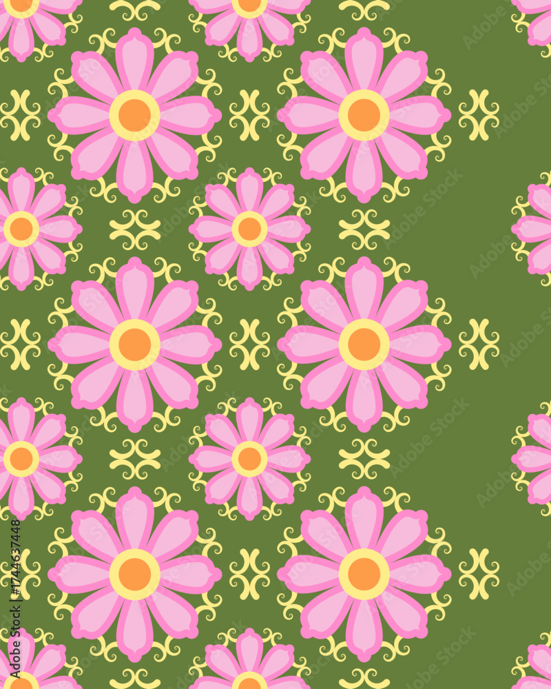 custom made wallpaper toronto digitalPink flower pattern with yellow decorative swirls on green background, creating cheerful and vibrant seamless design perfect for textiles or wallpapers, Seamless Pattern, Fabric Pattern