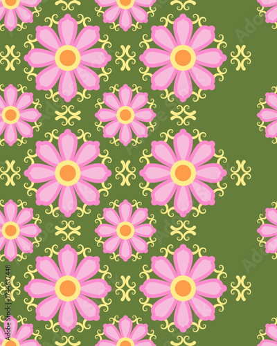 Wallpaper Mural Pink flower pattern with yellow decorative swirls on green background, creating cheerful and vibrant seamless design perfect for textiles or wallpapers Torontodigital.ca
