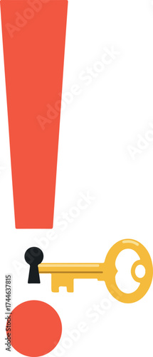 Keyhole and key with exclamation mark important information.