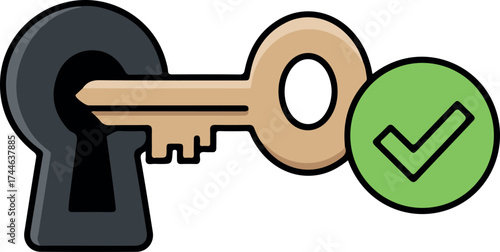 Key unlocking security concept with green checkmark for success and access.