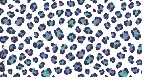 Leopard print pattern with blue and purple spots on white background.