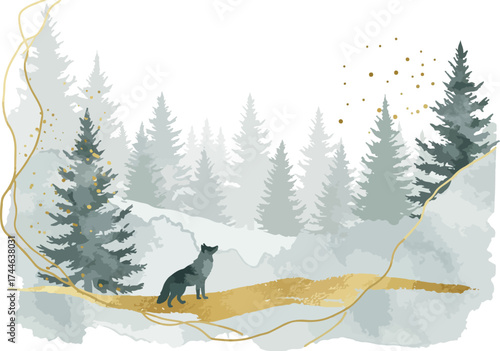 Lone wolf stands in a winter wonderland observing the surroundings with intent.