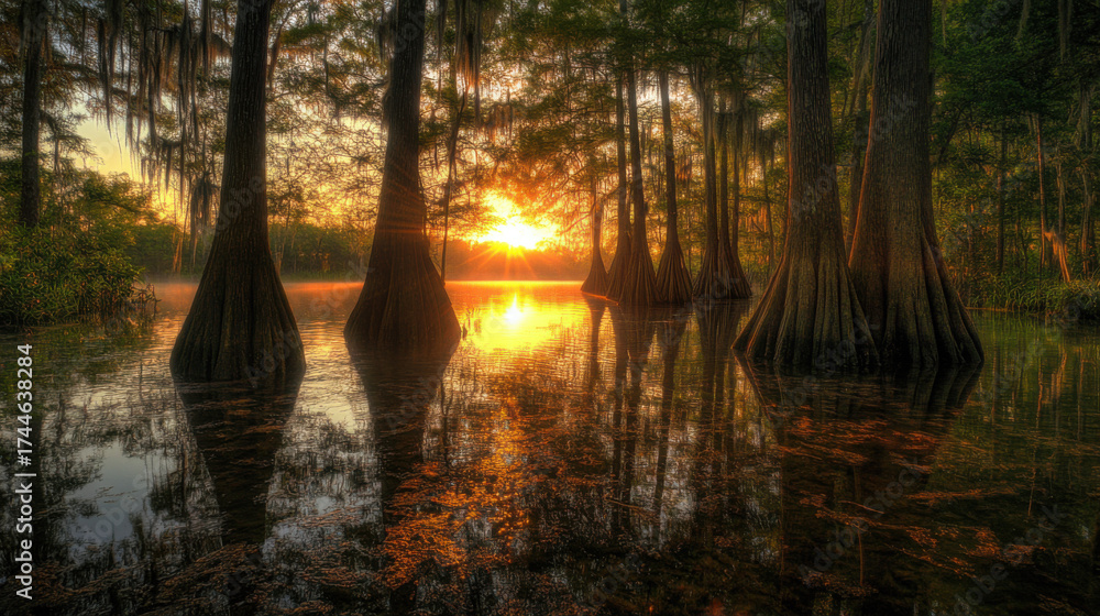 Obraz premium Golden sunset light filters through cypress trees reflecting on calm swamp water