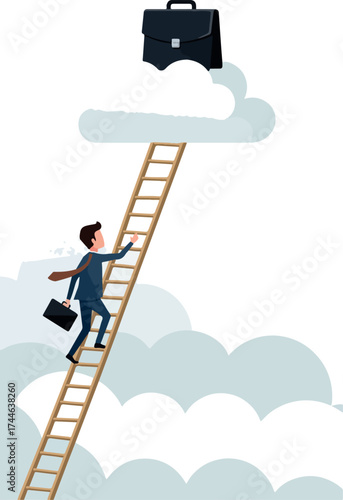 Man climbing ladder towards briefcase representing career success and ambition.