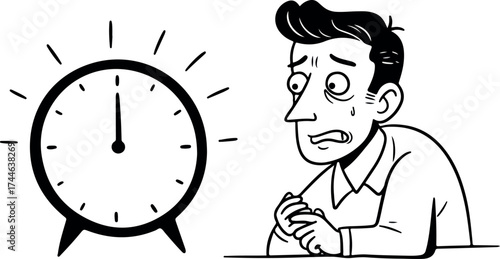 Man anxiously watches clock face indicating impending deadline or event.