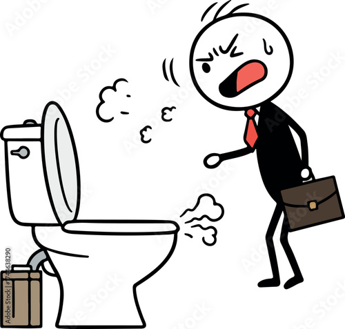 Man disgusted by toilet fumes in office bathroom with briefcase.