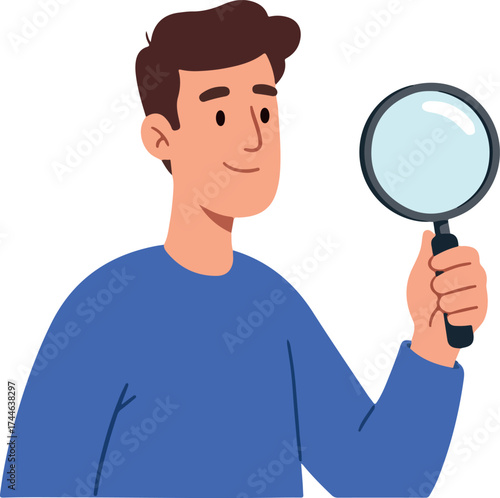 Man holding magnifying glass searching for something looking for answers investigation.