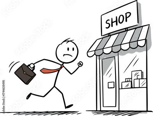 Man running away from shop with briefcase looking stressed and unhappy.