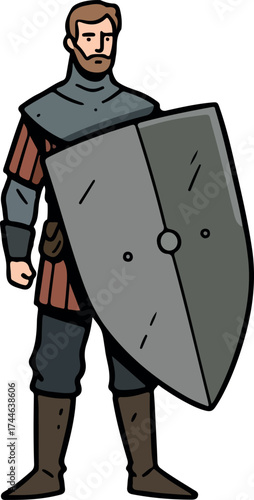 Medieval knight stands ready with shield and armor prepared for battle.