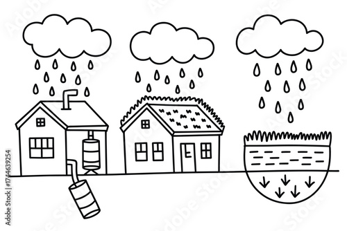 Simple black and white line drawing illustration of rainwater harvesting and drainage for houses vector vector