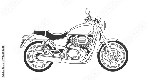 Detailed Line Art Illustration of a Classic Cruiser Motorcycle on a White Background.