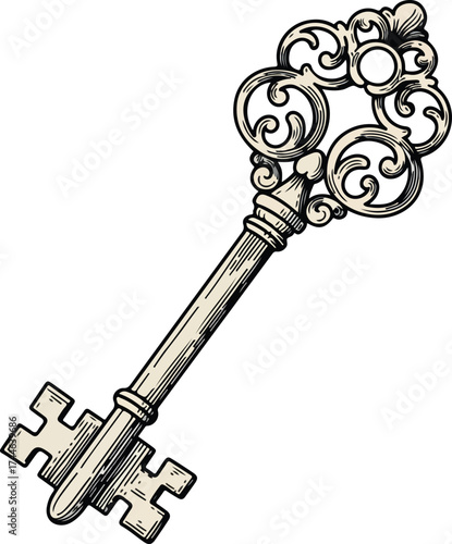 Ornate vintage key with intricate design and detailed metalwork for unlocking secrets.