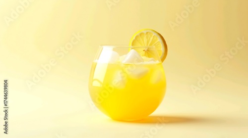 Zesty lemon cocktail in rounded glass with ice cubes and lemon wheel on pastel yellow background